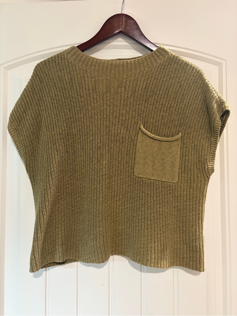 Free People Olive Green Boxy Knit Crewneck Sweater with Pocket